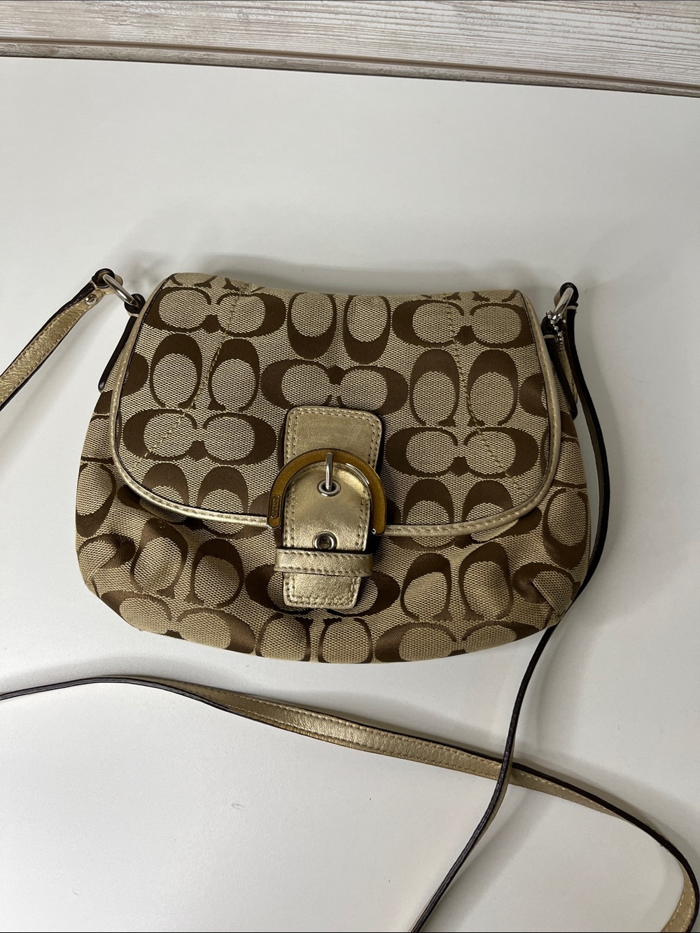 Coach Tan Signature Canvas Crossbody with Gold Buckle